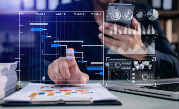 istock Businessman hand Project manager working and update tasks and Gantt chart scheduling virtual diagram.with smart phone, tablet and laptop in office. 1444063442