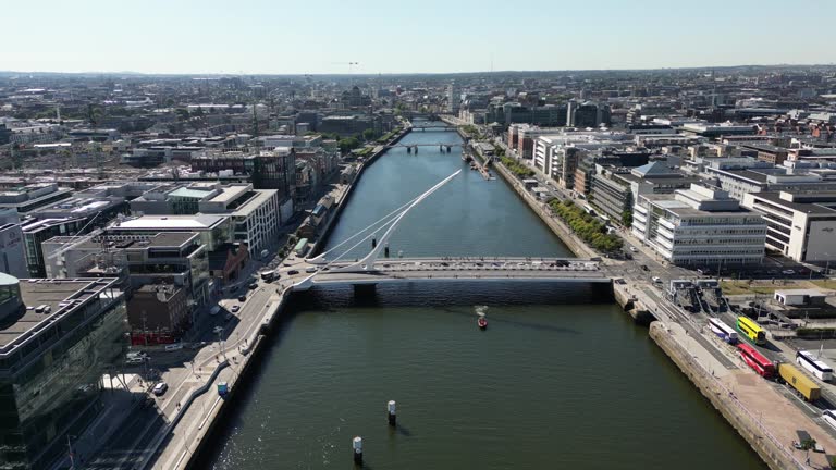 Aerial view of Samuel Beckett Bridge with Dublin skyline. Ireland.