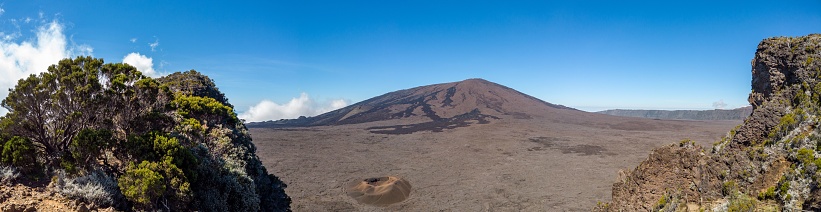 A panoramic shot of Piton de la Fournaise on the eastern side of Reunion island in the Indian Ocean
