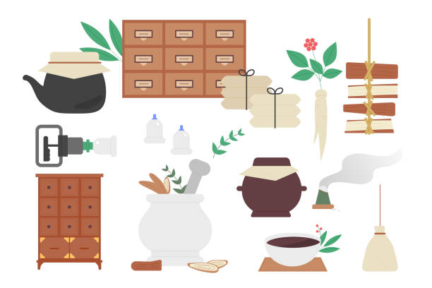 Oriental clinic Tools and medical supplies for oriental medicine making. flat vector illustration. chinese herbal medicine stock illustrations