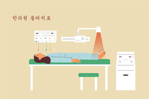 Oriental clinic A patient is receiving physical therapy while lying on a bed in an oriental hospital. woman feet bed stock illustrations