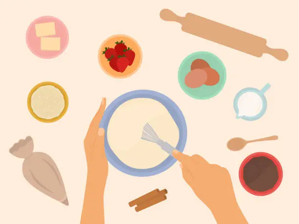 Vector illustration of Top View Of Hands Holding Whisk And Mixing Ingredients In Bowl To Bake Cake. Flour, Eggs, Rolling Pin And Other Equipments On Table