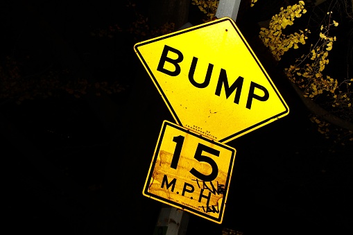 A Bump Sign with a 15 MPH speed limit