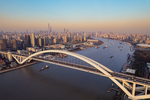 The aerial view of Lupu Bridge in Shanghai, China.