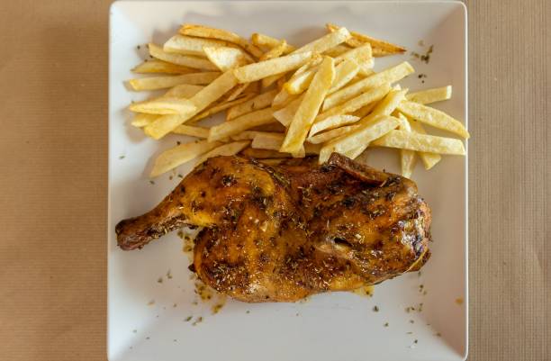 istock White plate with fries and fried chicken 1444072054