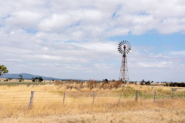 istock Windmill in natural field under cloudy sky 1444072458
