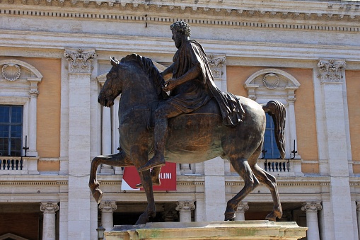 Rome, Italy – June 17, 2022: Copy of the equestrian statue of Emperor Marcus Aurelius, 174 century AD located in Campidoglio square in Rome.