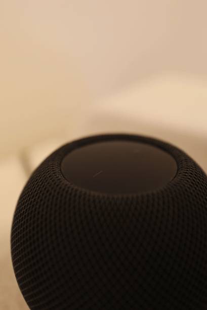 istock Vertical shot of a black home smart speaker 1444074606