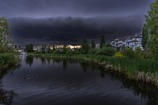 An aerial view of lake surrounded by dense trees and houses under cloudy sky