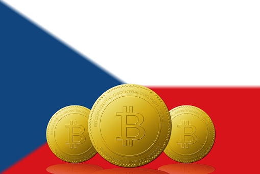 Three Bitcoins cryptocurrency with Czech Republic flag on background 3D ILLUSTRATION.