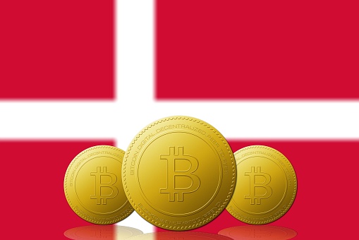Three Bitcoins cryptocurrency with Denmark flag on background 3D ILLUSTRATION.