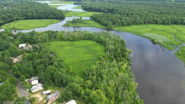 istock Aerial view of a river passing through fields and forests 1444076649