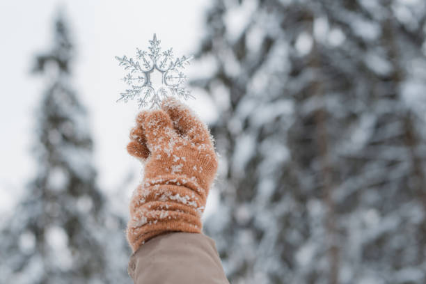istock hand in mitten holding decorative transparent snowflake, winter forest natural background. 1444077221