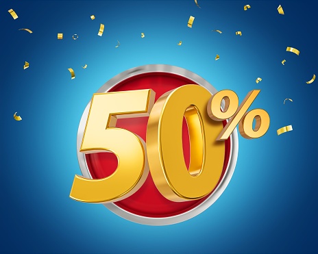 A 50 percent Off Discount 3d illustration of golden sale symbol with confetti