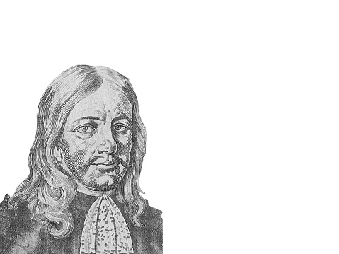 A drawing of Johann Weikhard von Valvasor as depicted on the Tolar banknote on a white background