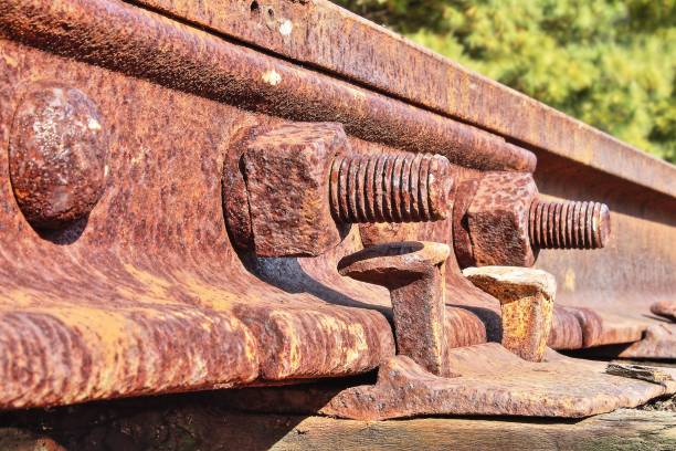 istock Closeup shot of a rusty railway 1444080381