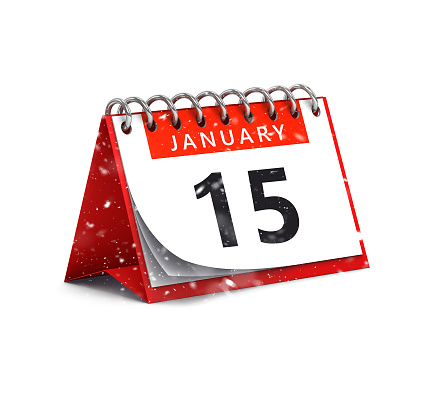 3D rendering of snowy red desk paper January 15 date - calendar page isolated on white