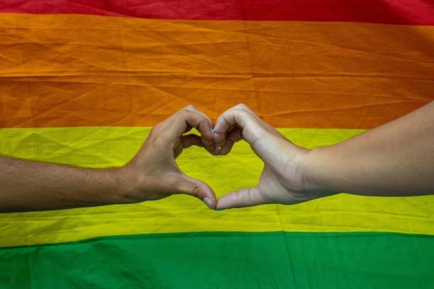 istock Human hands make heart shape in background of LGBT flag 1444083510