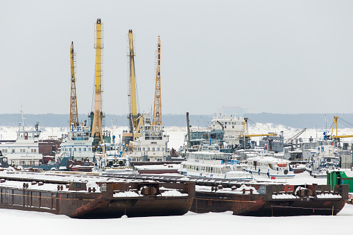 Cheboksary-Russia - 02.09.2020: Types of Cheboksary. Ships in the river port under the snow.