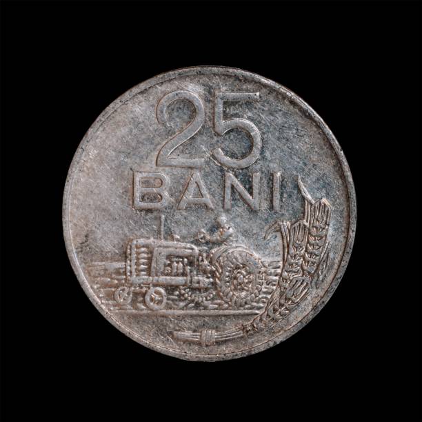 istock View of a Romanian twenty five Bani isolated on a black background 1444084332