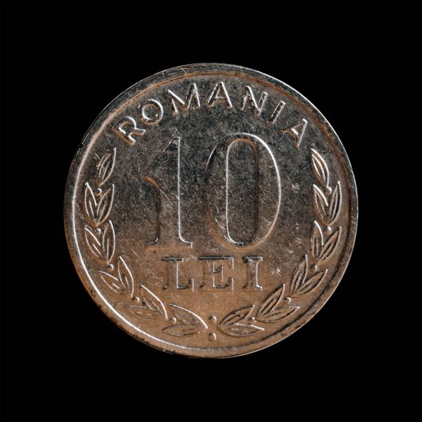 istock Romanian 10 coin over a black background 1444084706