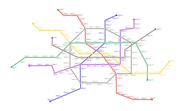 Vector illustration of Metro map with many colored way lines and stations. Subway scheme template. Infographic plan of public rapid underground transport network