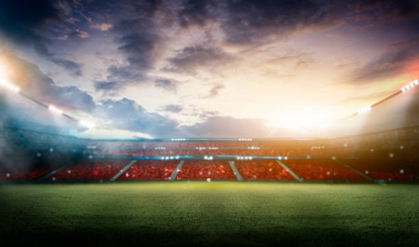 istock Football stadium at night. An imaginary stadium is modelled and rendered. 3D rendering. 1444084827