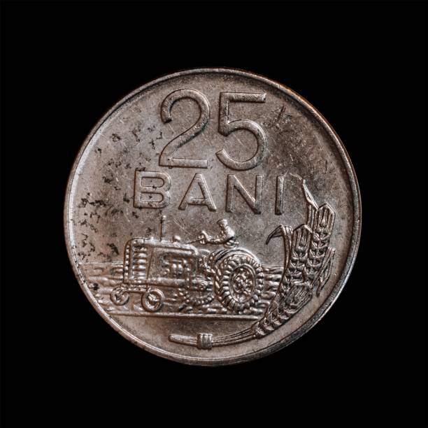 istock View of a Romanian twenty five Bani isolated on a black background 1444085356
