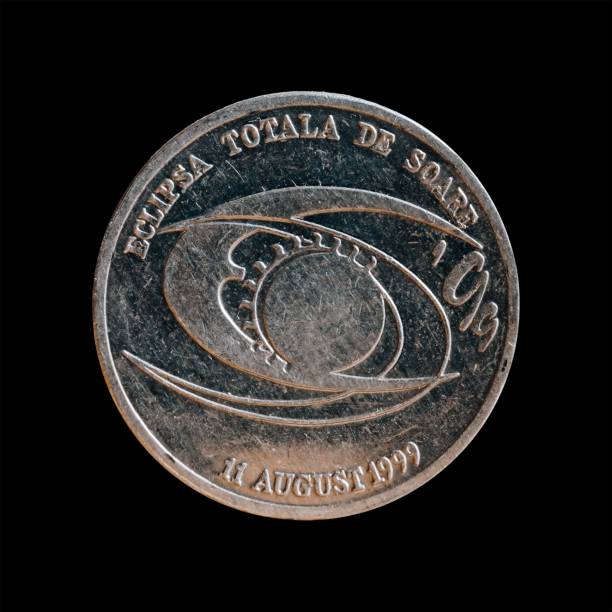 istock Reverse side of a five hundred lei coin isolated on black background. 1444086107