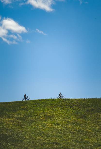 istock Vertical shot of two cyclists in the meadow 1444086708