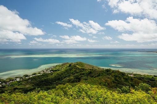An aerial view looking down over beautiful Iheya island, Okinawa