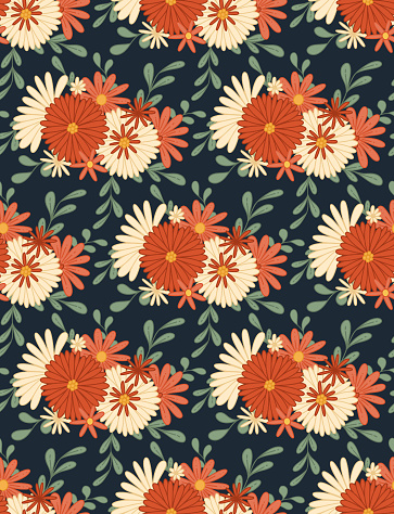 Ditsy hippie texture with different flowers in row on dark blue background. Vector seamless retro pattern with bouquet groovy flowers