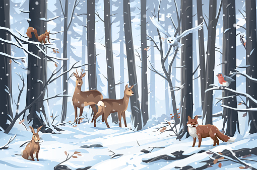 Vector illustration of an idyllic snowy winter forest with various animals: fox, deer, owl, robin, squirrel, rabbit and woodpecker.