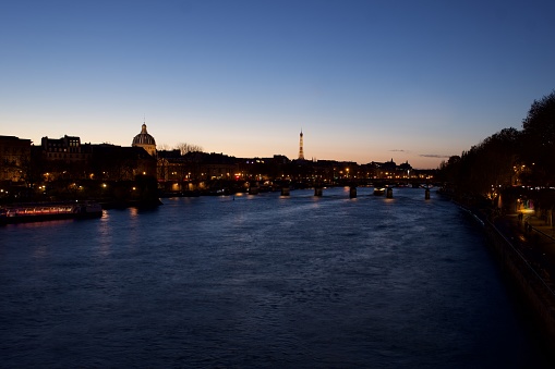 Skyline of Paris photographed from Pont Neuf at Dusk when the lights went on.