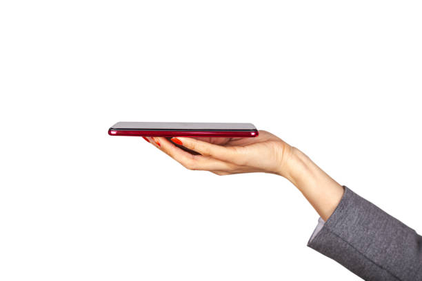 woman hand holding telephone isolated on white banckground