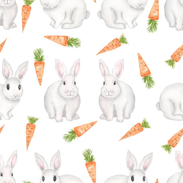 акварельный пасхальный белый кролик и морковь бесшовный узор, нарисованный вручную милый кролик и садовый овощная повторная бумага, детск� - rabbit pets baby rabbit white background stock illustrations