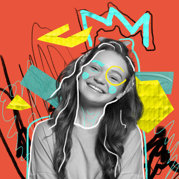 Bright happiness. Young girl's portrait with abstract graphics, lines, drawings. Contemporary art collage. Surrealism, beauty and fashion, emotions Bright happiness. Young girl's portrait with abstract graphics, lines, drawings. Contemporary art collage. Surrealism, beauty and fashion, emotions. Youth culture, fun, joy, diversity and inspiration. vogue cover stock pictures, royalty-free photos & images