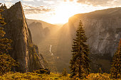 Overlooking Yosemite Valley from above with El Capitan rock face during sunset, Yosemite National Park, California, USA.