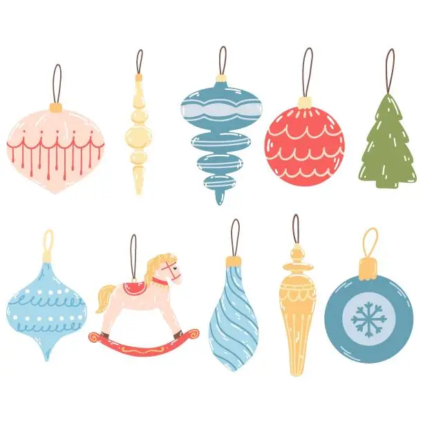 Vector illustration of Christmas tree ornaments in cartoon flat style. Hand drawn vector illustration of New year decorative colorful baubles