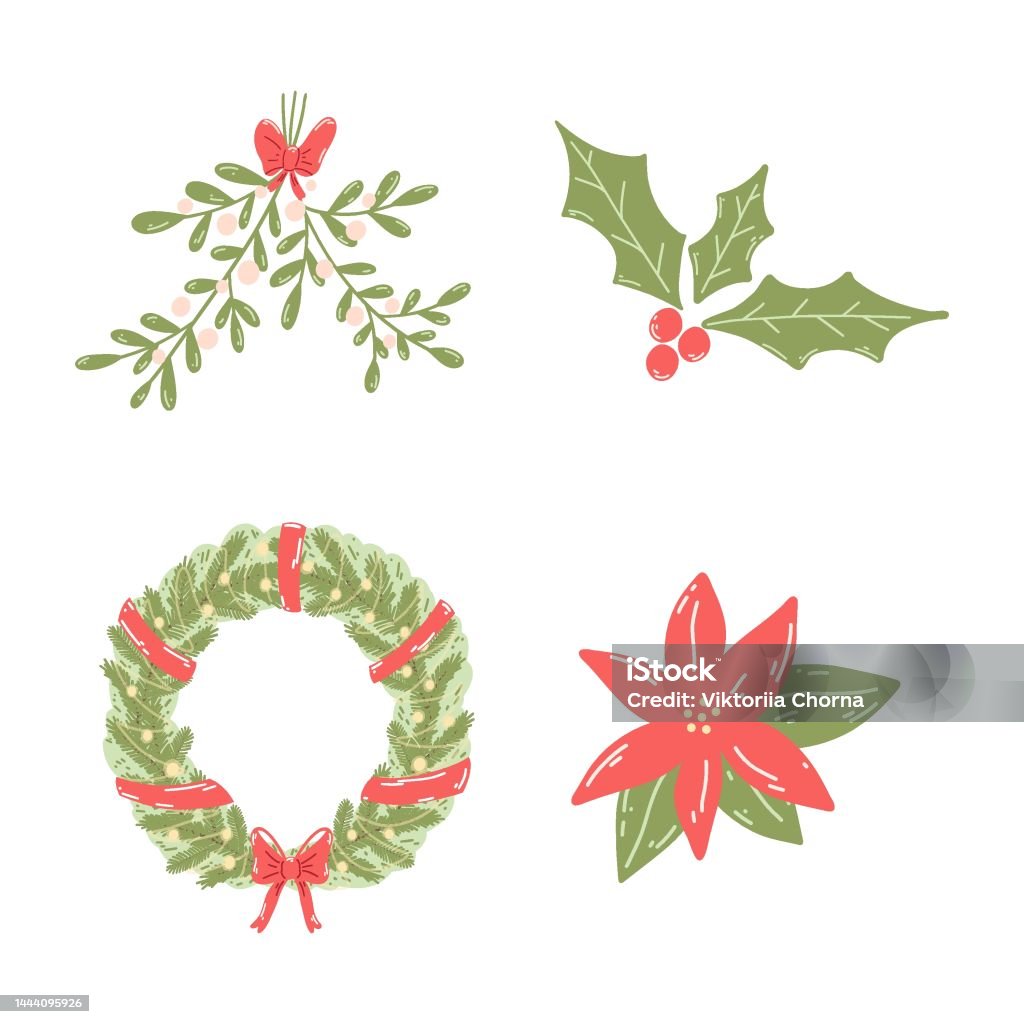 Ilustración de Símbolos De Corona De Navidad Y Año Nuevo Muérdago Flor De Pascua Baya De Acebo En Estilo Plano De Dibujos Animados Ilustración Vectorial Dibujada A Mano De Decoración Festiva y Ilustración de Símbolos De Corona De Navidad Y Año Nuevo Muérdago Flor De Pascua Baya De Acebo En Estilo Plano De Dibujos Animados Ilustración Vectorial Dibujada A Mano De Decoración Festiva y