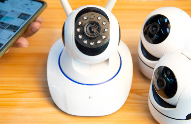 istock Close-up IP cameras Install IP CCTV cameras or high-tech surveillance systems. CCTV system 1444097304
