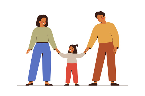 Young family with one child hold hands. Happy parents with their baby girl stand together. Man and woman look their toddler with love and care. Adoption and parenthood concept. Vector illustration