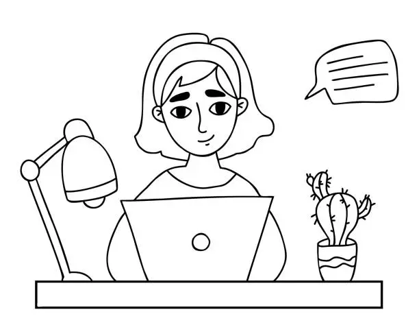 Vector illustration of Portrait of smiling girl at laptop. Nearby is an online text message, correspondence, table lamp and cactus flowerpot. Vector illustration. linear hand drawn doodle.