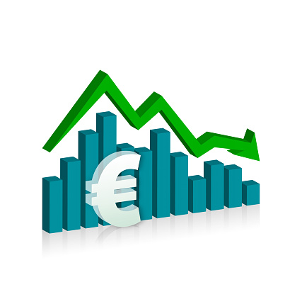 Euro  Symbol And Moving Down Graph. Finance, Economy and Losing Money Concept.