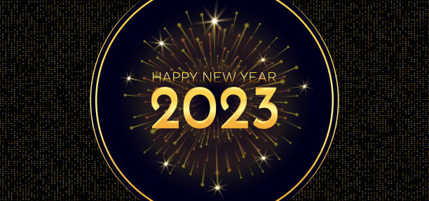 istock Happy New Year 2023 with fireworks on dark background with golden glitter and golden frame 1444100390