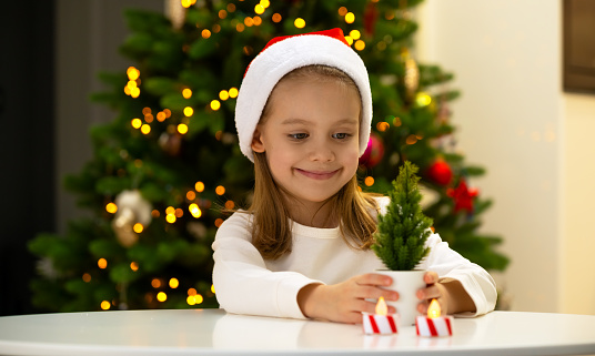 Smiling girl in red santa hat sits at table and plays with small fir on background of shining Christmas tree. Happy child celebrates New year and christmas