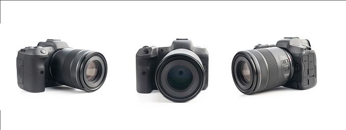 Digital mirrorless camera isolated on the white background. Three different view