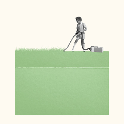 Lawn mowing. Contemporary art collage, design with little girl, child standing with retro vacuum cleaner. Concept of childhood, creativity, fun, lifestyle, retro style. Copy space for ad, background.