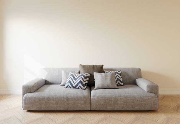 istock Empty interior mockup with sofa and wall. Gray sofa in the interior, with free space on the wall. 3d rendering 1444104784