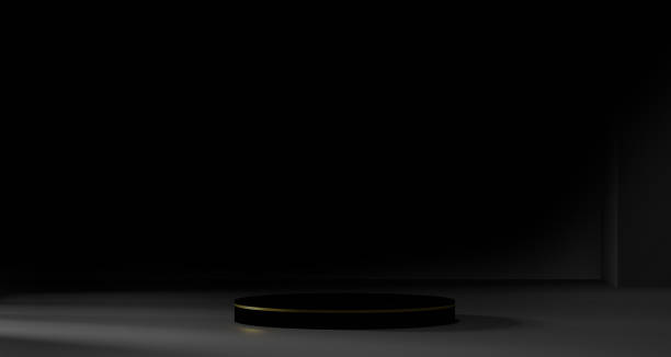 istock 3D Black geometric stage podium. Dark background. 1444104820